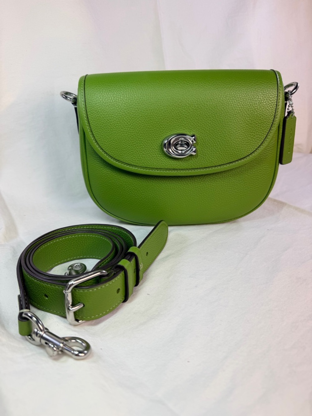 Coach Willow Saddle Bag Dark Lime Green Pebbled Leather Turnlock Crossbody